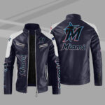 Blue White Miami Marlins Block Leather Jacket