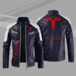 Blue White Tesla Block Leather Jacket