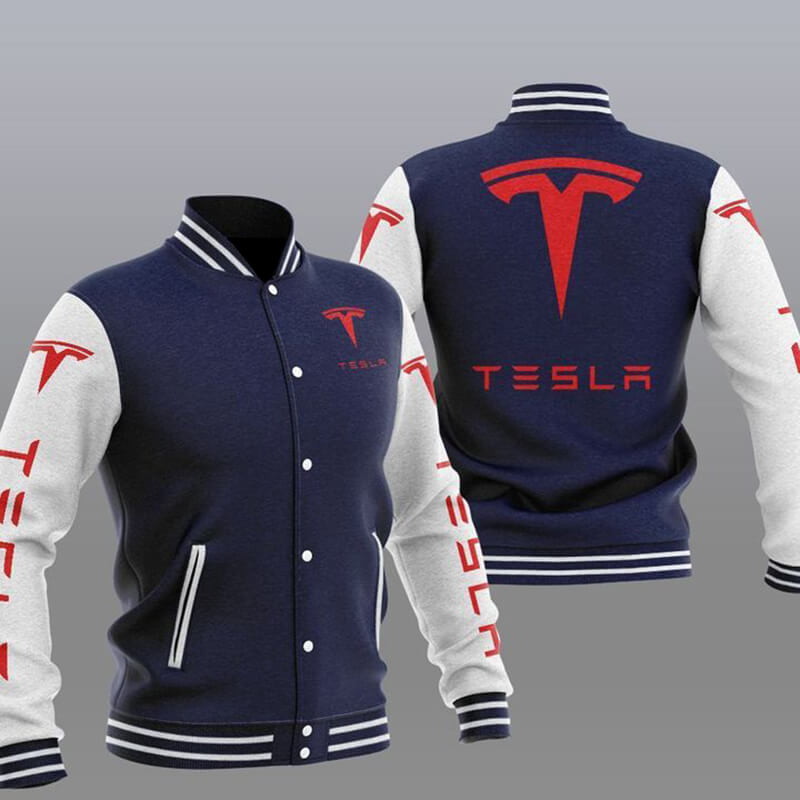 Blue White Tesla Car Baseball Varsity Jacket Blue White Tesla Car Baseball Varsity Jacket