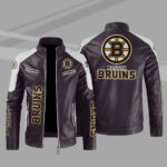 Boston Bruins Block Brown White Leather Jacket