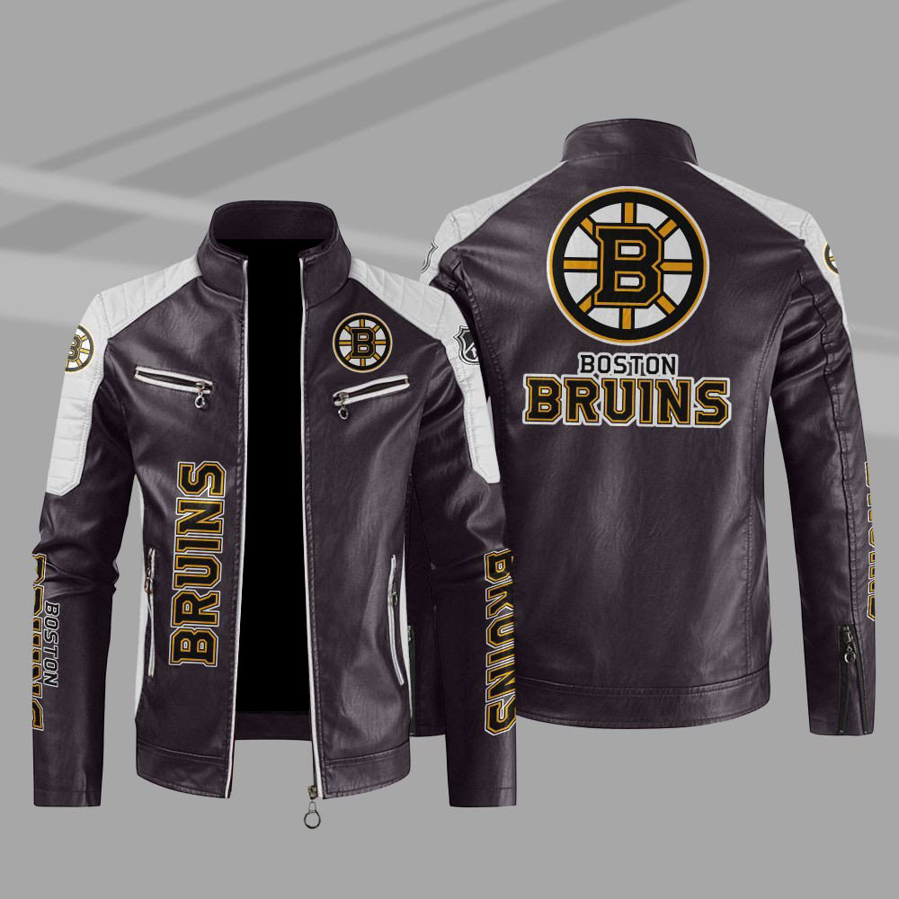 Boston Bruins Block Brown White Leather Jacket Boston Bruins Block Brown White Leather Jacket