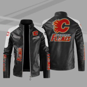 Calgary Flames Block White Black NHL Leather Jacket