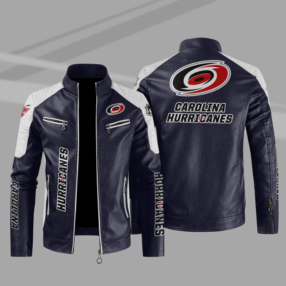 Carolina Hurricanes Block Blue White Leather Jacket Carolina Hurricanes Block Blue White Leather Jacket