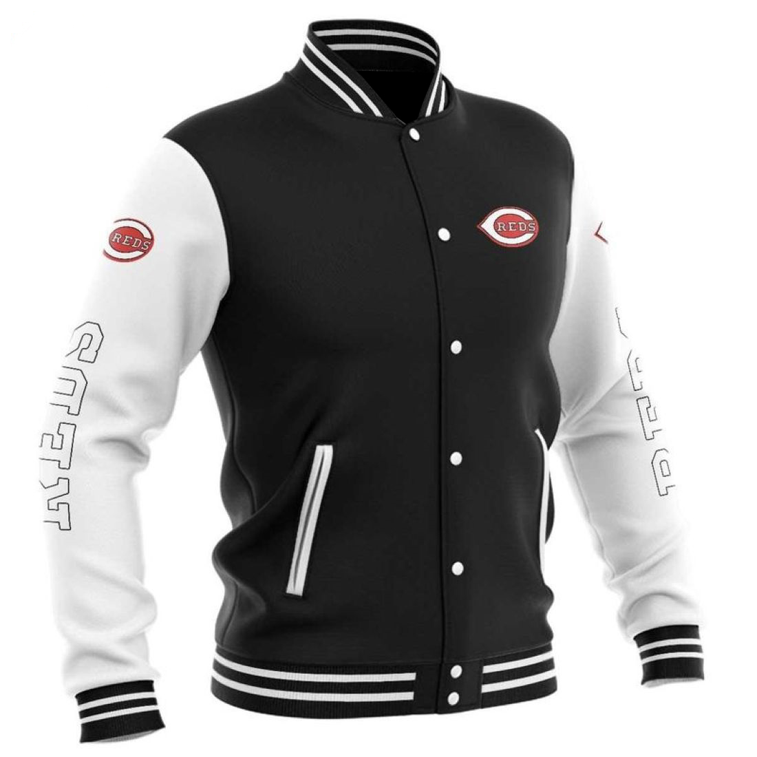 Cincinnati Reds Black White Varsity MLB Baseball Jacket (2) Cincinnati Reds Black White Varsity MLB Baseball Jacket (1)