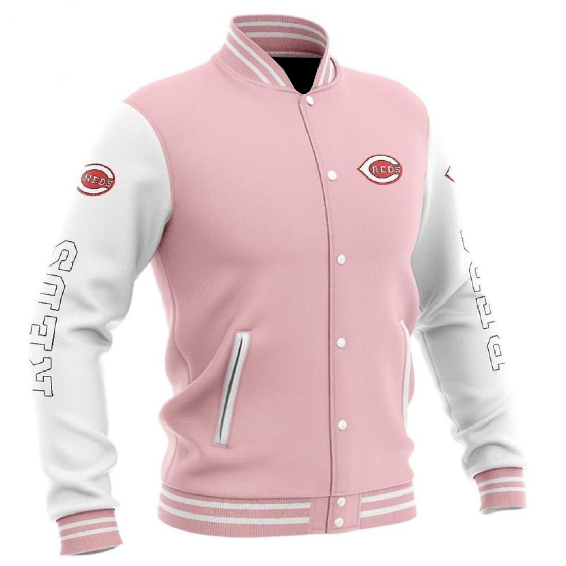 Cincinnati Reds Pink White Varsity MLB Baseball Jacket (2) Cincinnati Reds Pink White Varsity MLB Baseball Jacket