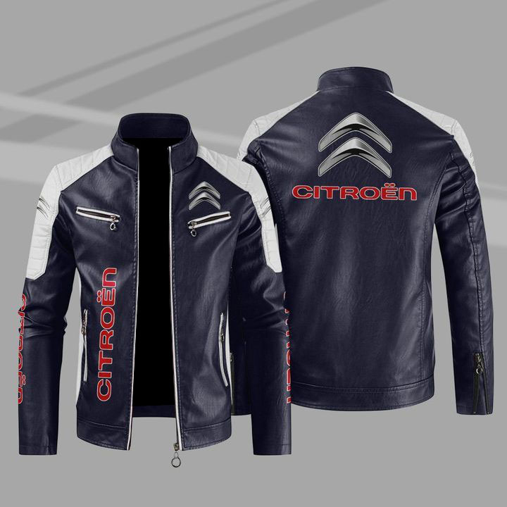 Citroen Color Block Blue White Leather Jacket Citroen Color Block Blue White Leather Jacket