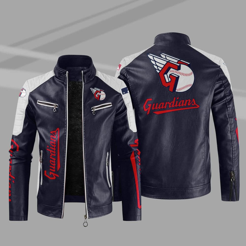 Cleveland Guardians Block Blue White Leather Jacket Cleveland Guardians Block Blue White Leather Jacket