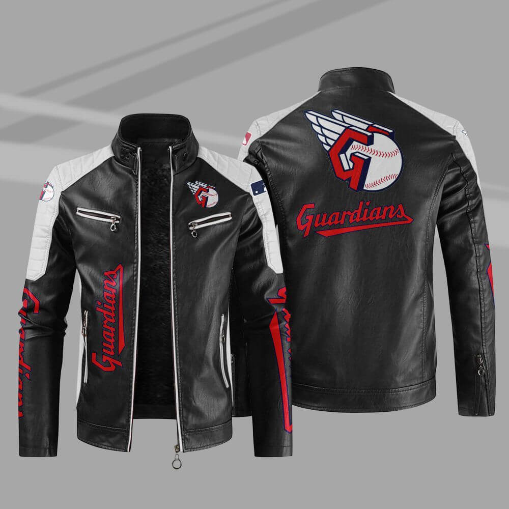 Cleveland Guardians Block White Black Leather Jacket Cleveland Guardians Block White Black Leather Jacket