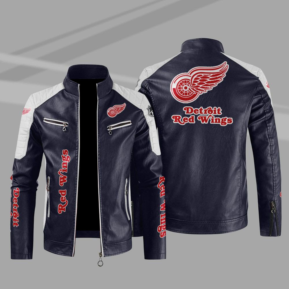Detroit Red Wings Block Blue White Leather Jacket Detroit Red Wings Block Blue White Leather Jacket