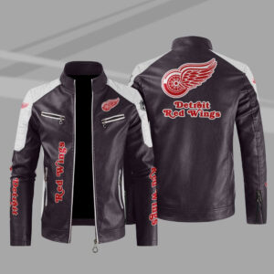 Detroit Red Wings Block Brown White Leather Jacket