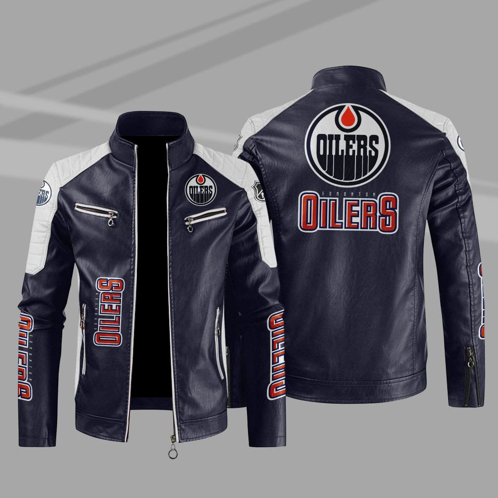 Edmonton Oilers Block Blue White NHL Leather Jacket Edmonton Oilers Block Blue White NHL Leather Jacket