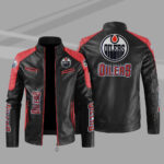 Edmonton Oilers Block Red Black Leather Jacket