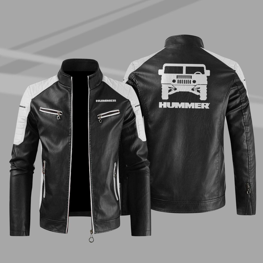 Hummer Car Motor Block White Black Leather Jacket - Maker of Jacket