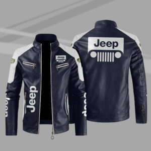 Jeep Car Motor Block Blue White Leather Jacket