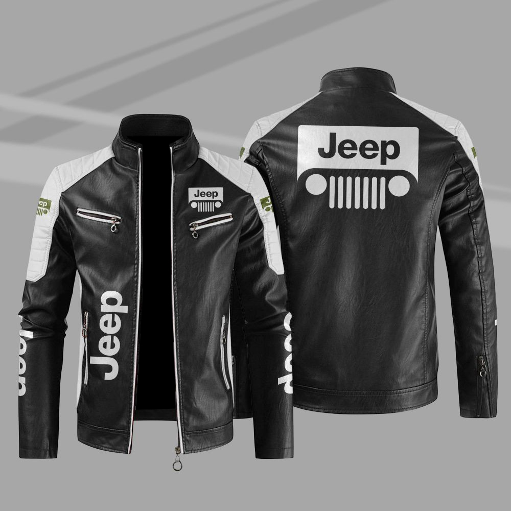 Jeep Car Motor Block White Black Leather Jacket Jeep Car Motor Block White Black Leather Jacket