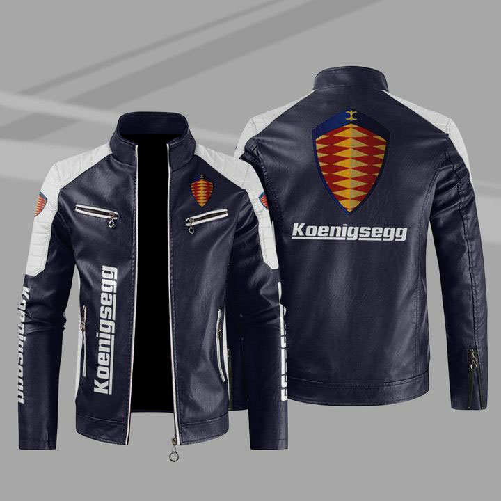 Koenigsegg Color Block Blue White Leather Jacket Koenigsegg Color Block Blue White Leather Jacket
