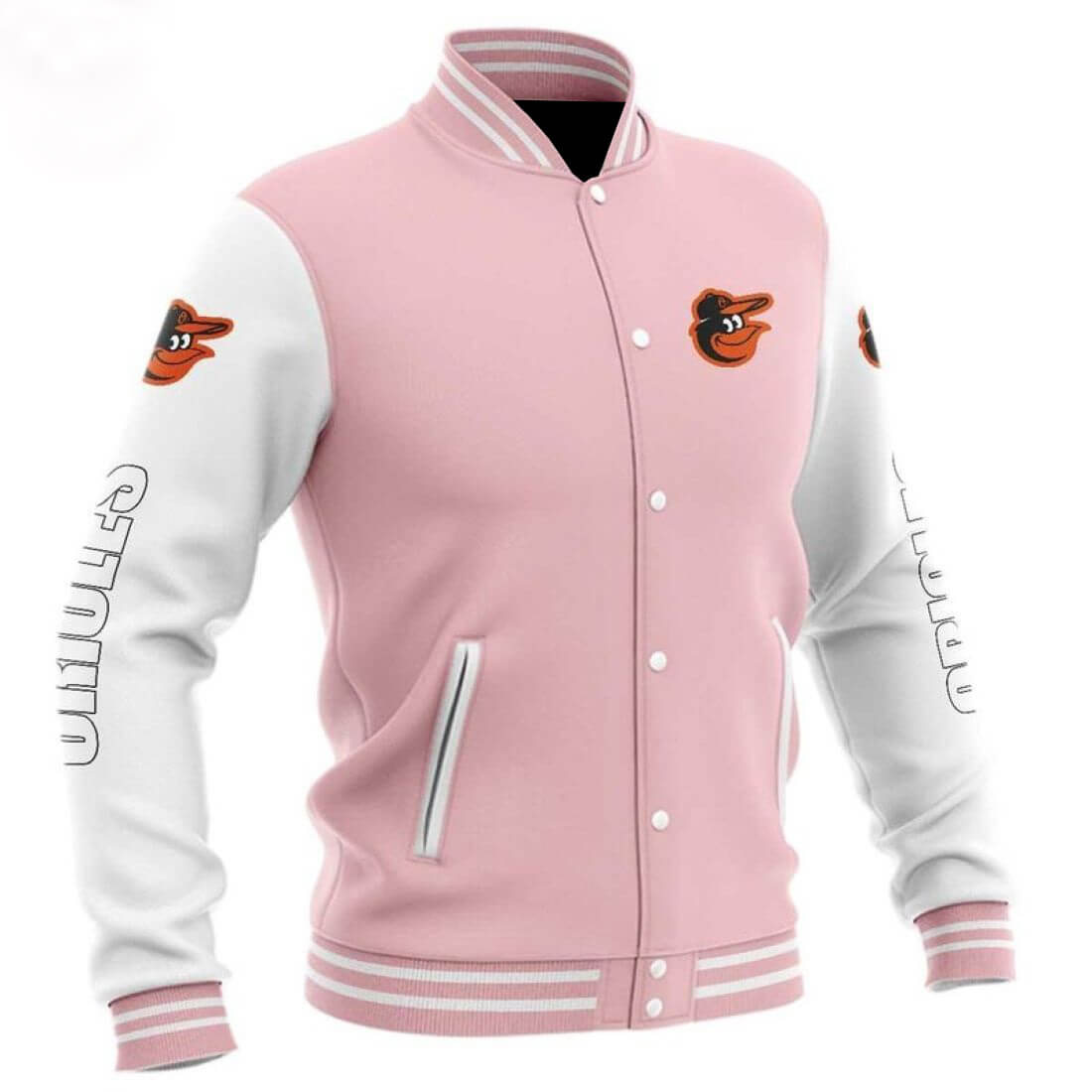 MLB Baltimore Orioles Pink Baseball Varsity Jacket (1) MLB Baltimore Orioles Pink Baseball Varsity Jacket
