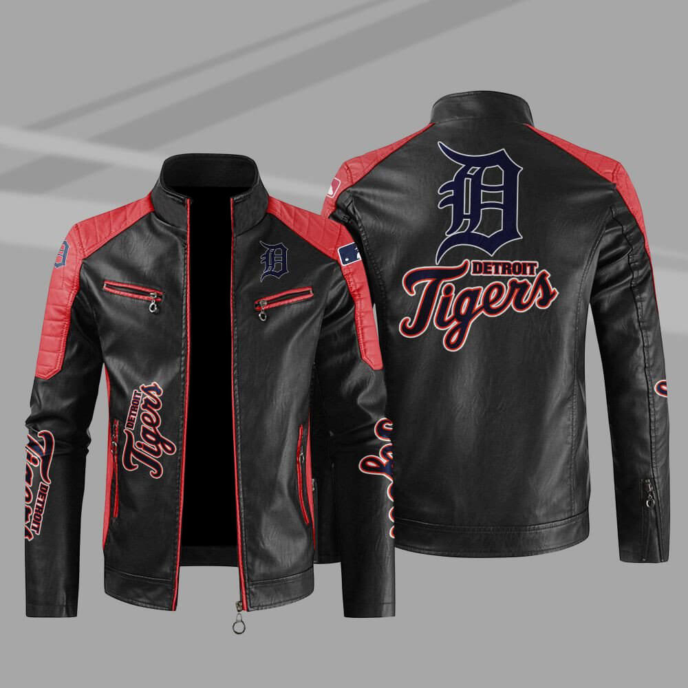 MLB Black Red Detroit Tigers Block Leather Jacket (1) MLB Black Red Detroit Tigers Block Leather Jacket