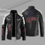 MLB Black White Detroit Tigers Block Leather Jacket