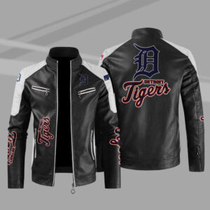 MLB Black White Detroit Tigers Block Leather Jacket