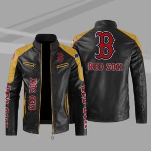 MLB Black Yellow Boston Red Sox Block Leather Jacket