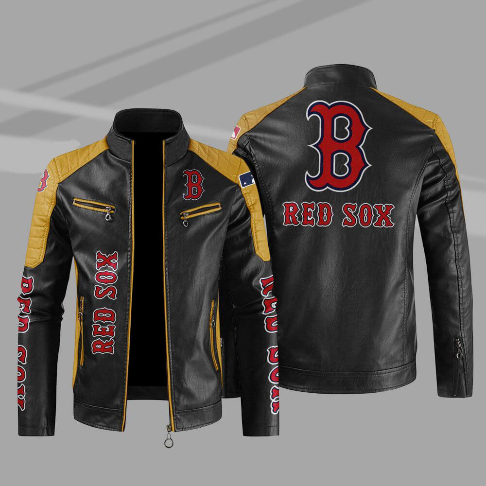 MLB Black Yellow Boston Red Sox Block Leather Jacket (1) MLB Black Yellow Boston Red Sox Block Leather Jacket