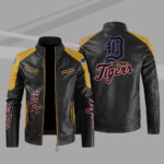 MLB Black Yellow Detroit Tigers Block Leather Jacket
