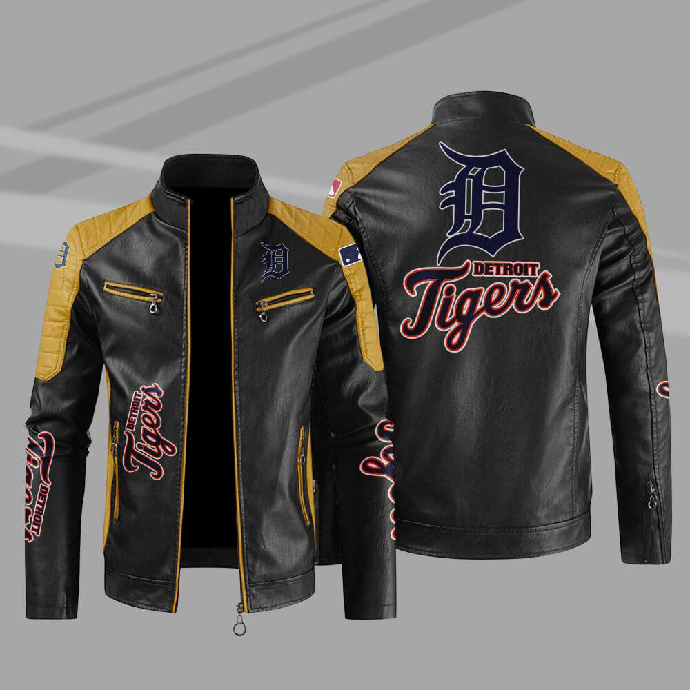 MLB Black Yellow Detroit Tigers Block Leather Jacket (1) MLB Black Yellow Detroit Tigers Block Leather Jacket