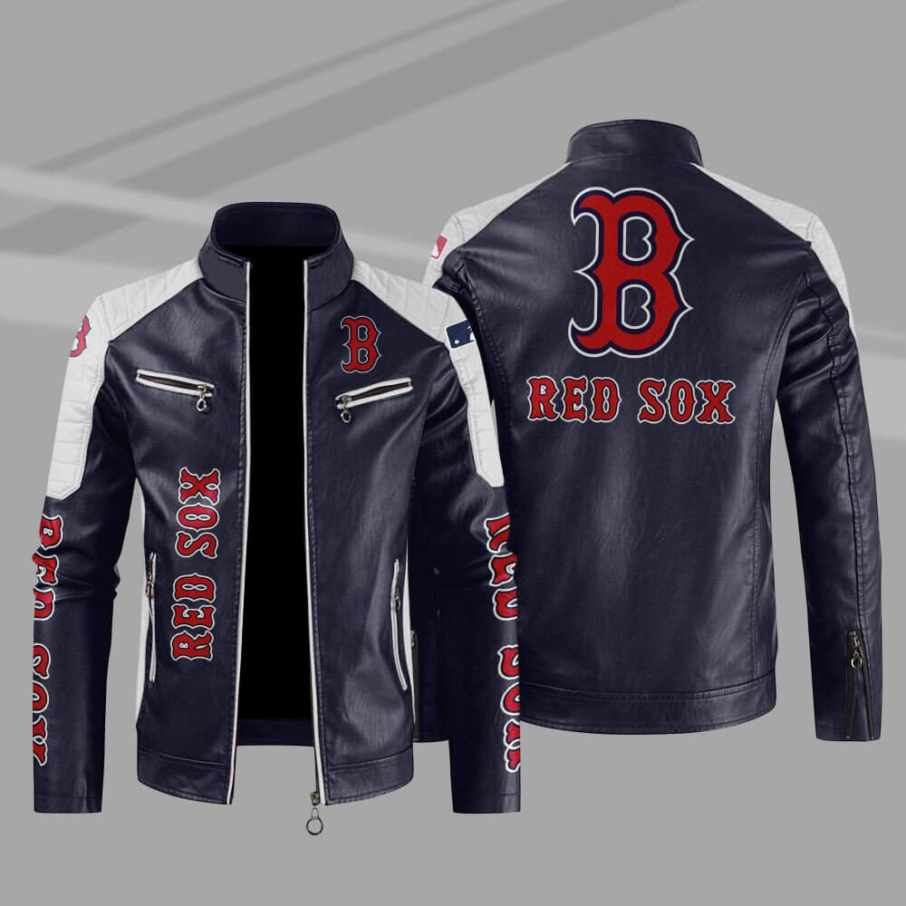MLB Blue White Boston Red Sox Block Leather Jacket (1) MLB Blue White Boston Red Sox Block Leather Jacket