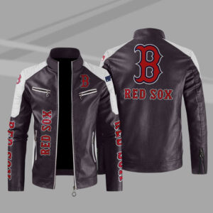MLB Brown White Boston Red Sox Block Leather Jacket