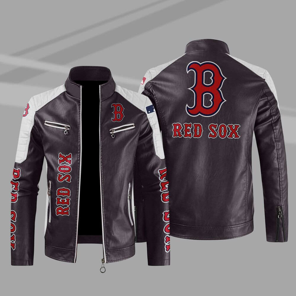 MLB Brown White Boston Red Sox Block Leather Jacket (1) MLB Brown White Boston Red Sox Block Leather Jacket