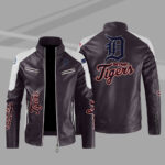 MLB Brown White Detroit Tigers Block Leather Jacket
