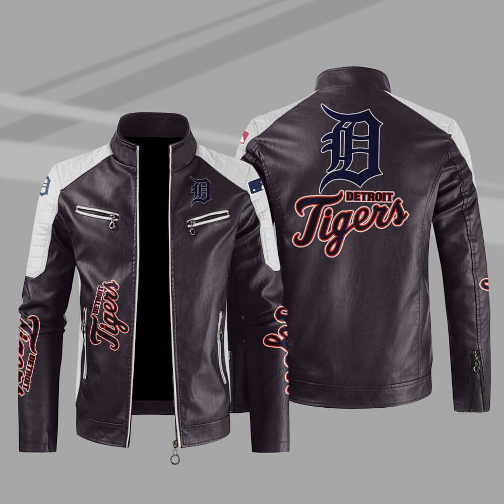 MLB Brown White Detroit Tigers Block Leather Jacket (1) MLB Brown White Detroit Tigers Block Leather Jacket