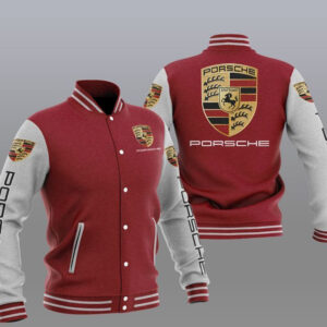 Maroon Grey Porsche Car Baseball Varsity Jacket
