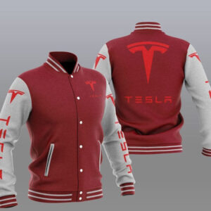 Maroon Grey Tesla Car Baseball Varsity Jacket