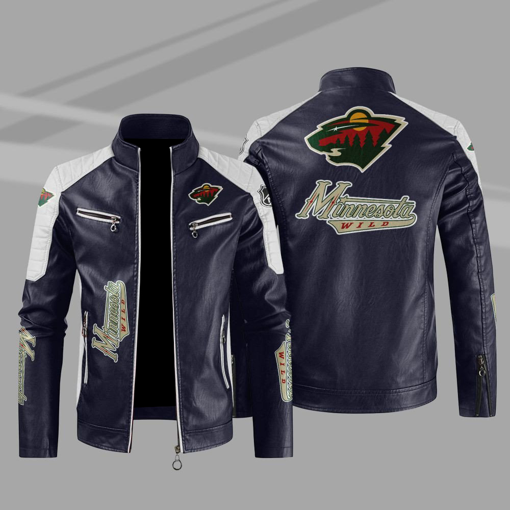 Minnesota Wild Block Blue White Leather Jacket Minnesota Wild Block Blue White Leather Jacket