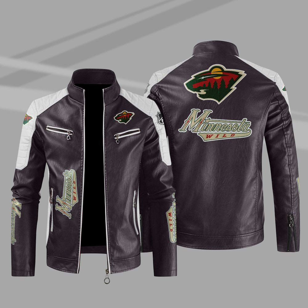 Minnesota Wild Block Brown White Leather Jacket Minnesota Wild Block Brown White Leather Jacket