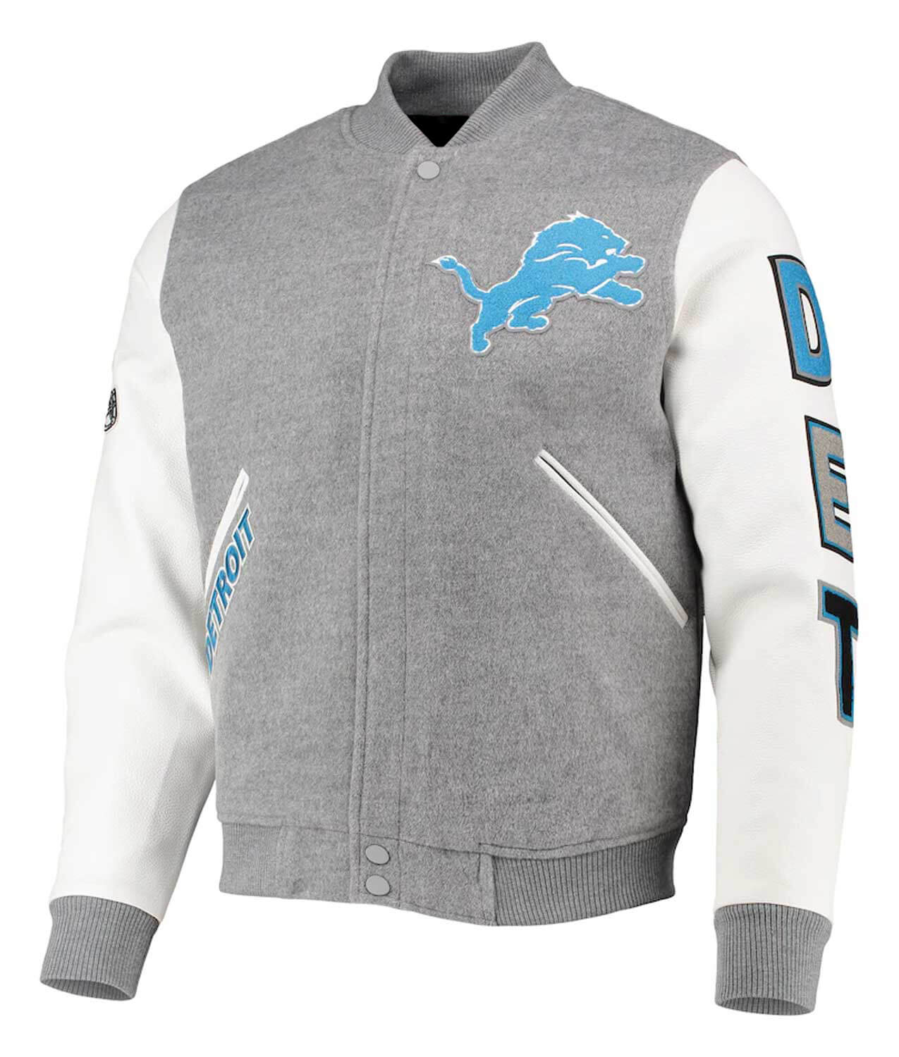 NFL Detroit Lions Gray And White Varsity Jacket (1) NFL Detroit Lions Gray And White Varsity Jacket