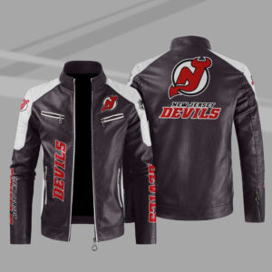 New Jersey Devils Block Brown White Leather Jacket