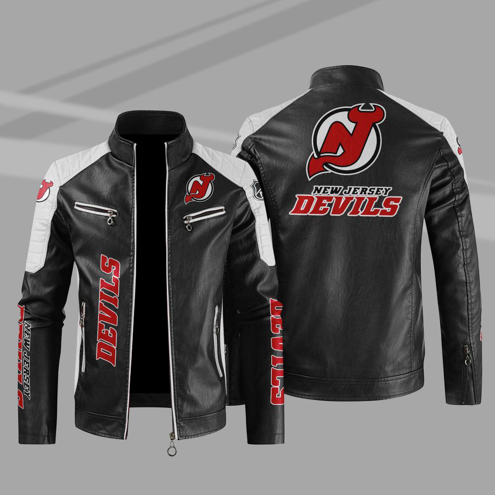 New Jersey Devils Block White Black Leather Jacket New Jersey Devils Block White Black Leather Jacket