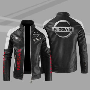Nissan Black White Color Block Leather Jacket