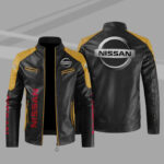 Nissan Black Yellow Color Block Leather Jacket