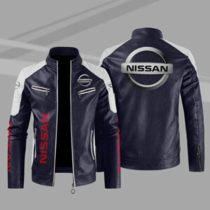 Nissan Blue White Color Block Leather Jacket