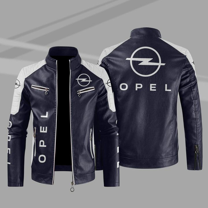 Opel Color Block Blue White Leather Jacket Opel Color Block Blue White Leather Jacket