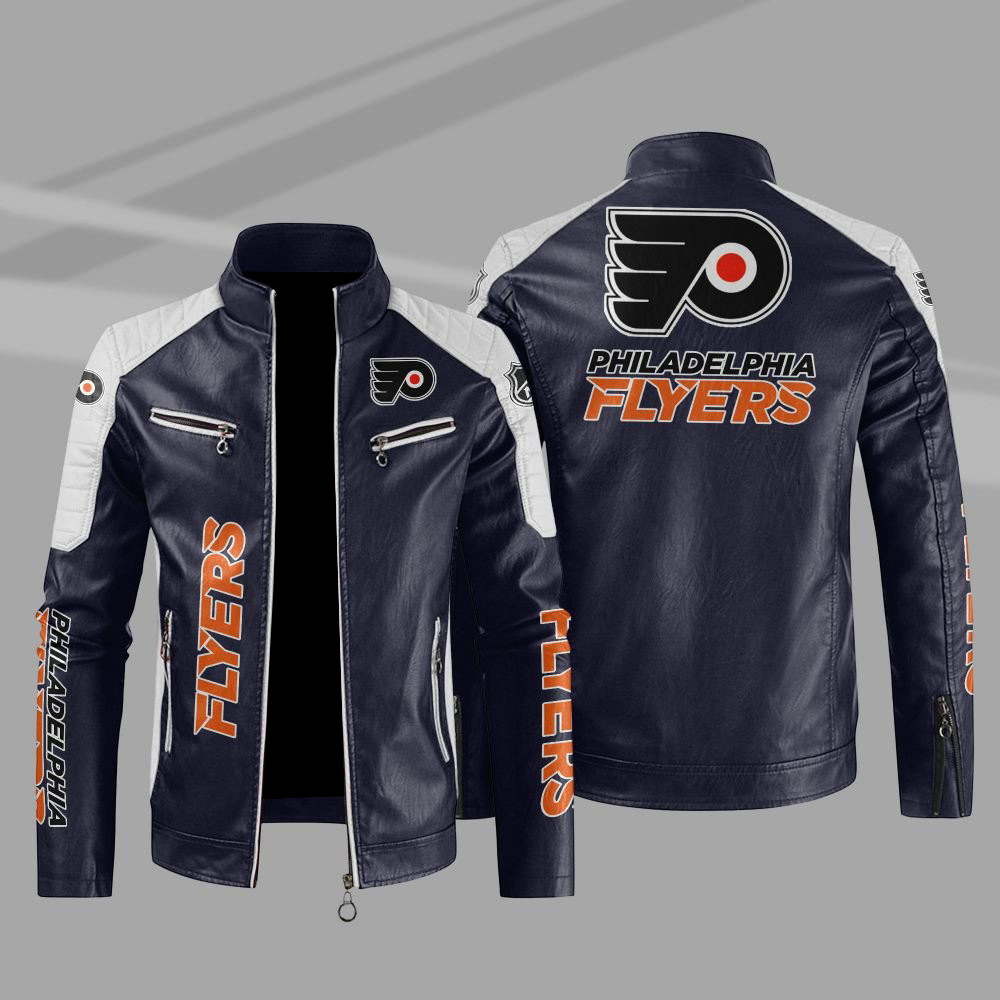 Philadelphia Flyers Block Blue White Leather Jacket