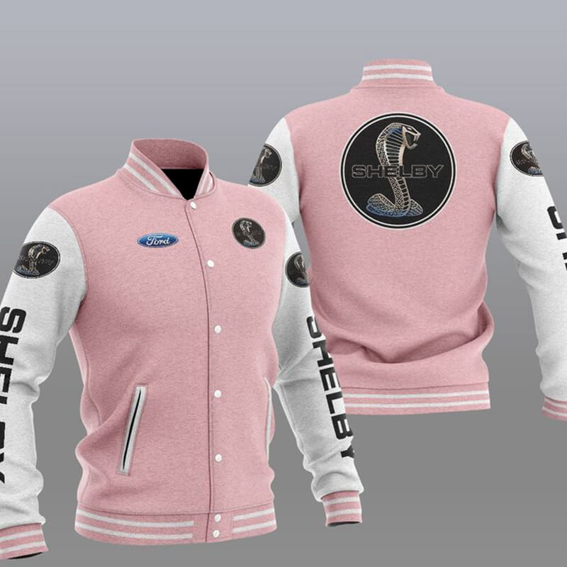 Pink White Ford Shelby Car Baseball Varsity Jacket Pink White Ford Shelby Car Baseball Varsity Jacket