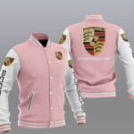 Pink White Porsche Car Baseball Varsity Jacket