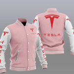 Pink White Tesla Car Baseball Varsity Jacket