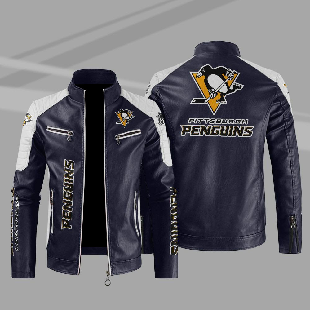 Pittsburgh Penguins Block Blue White Leather Jacket Pittsburgh Penguins Block Blue White Leather Jacket