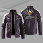 Pittsburgh Penguins Block Brown White Leather Jacket